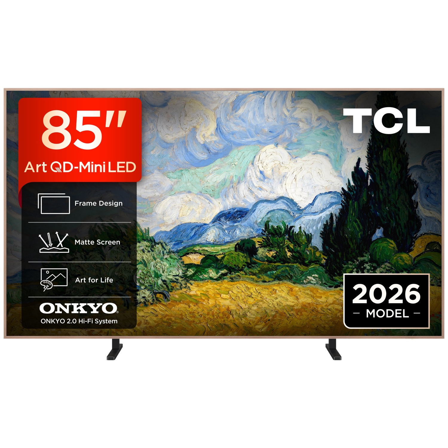 A TCL 85-inch Art QD-Mini LED TV displays a landscape painting with mountains and cypress trees.