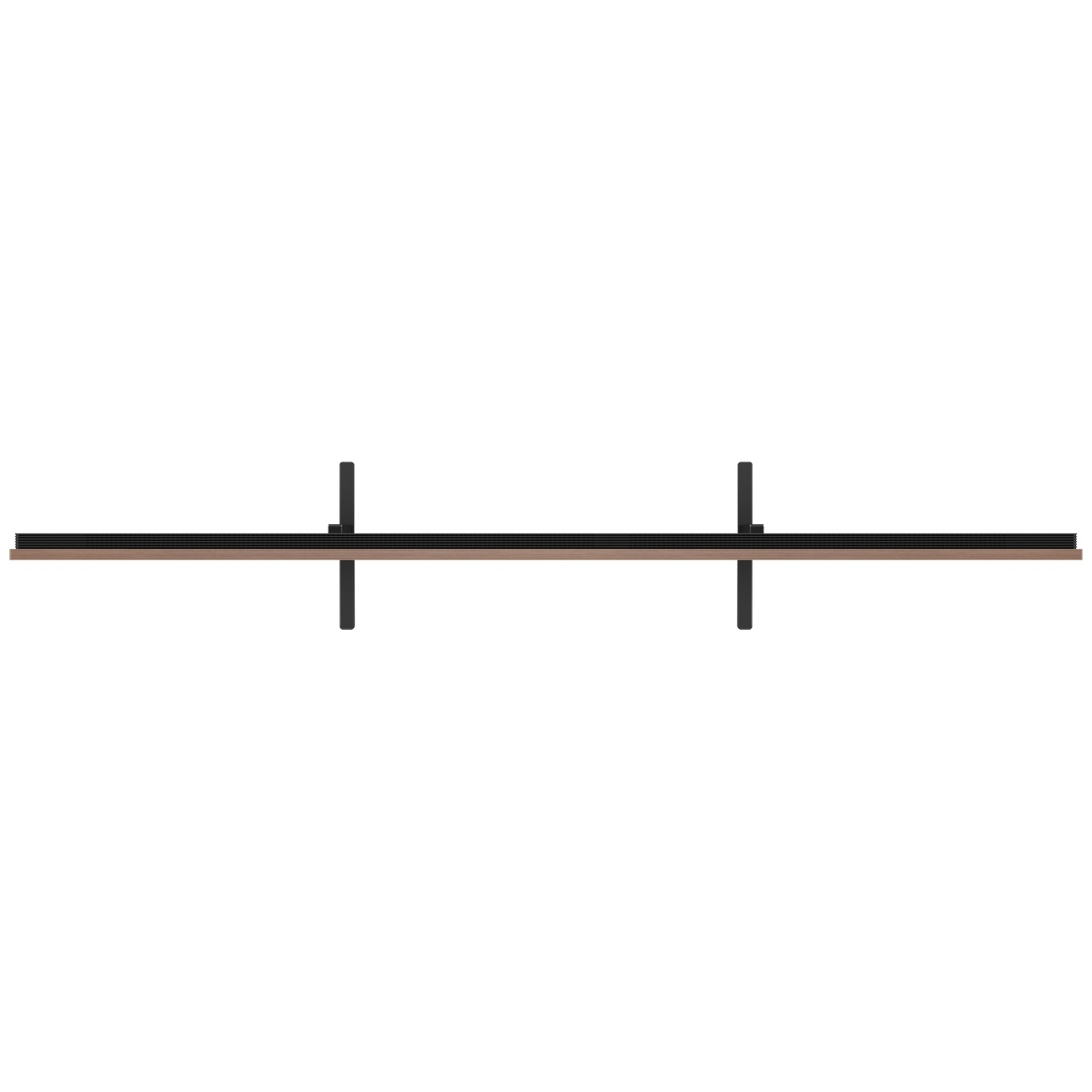 A long, brown wall shelf with two black brackets against a white background.
