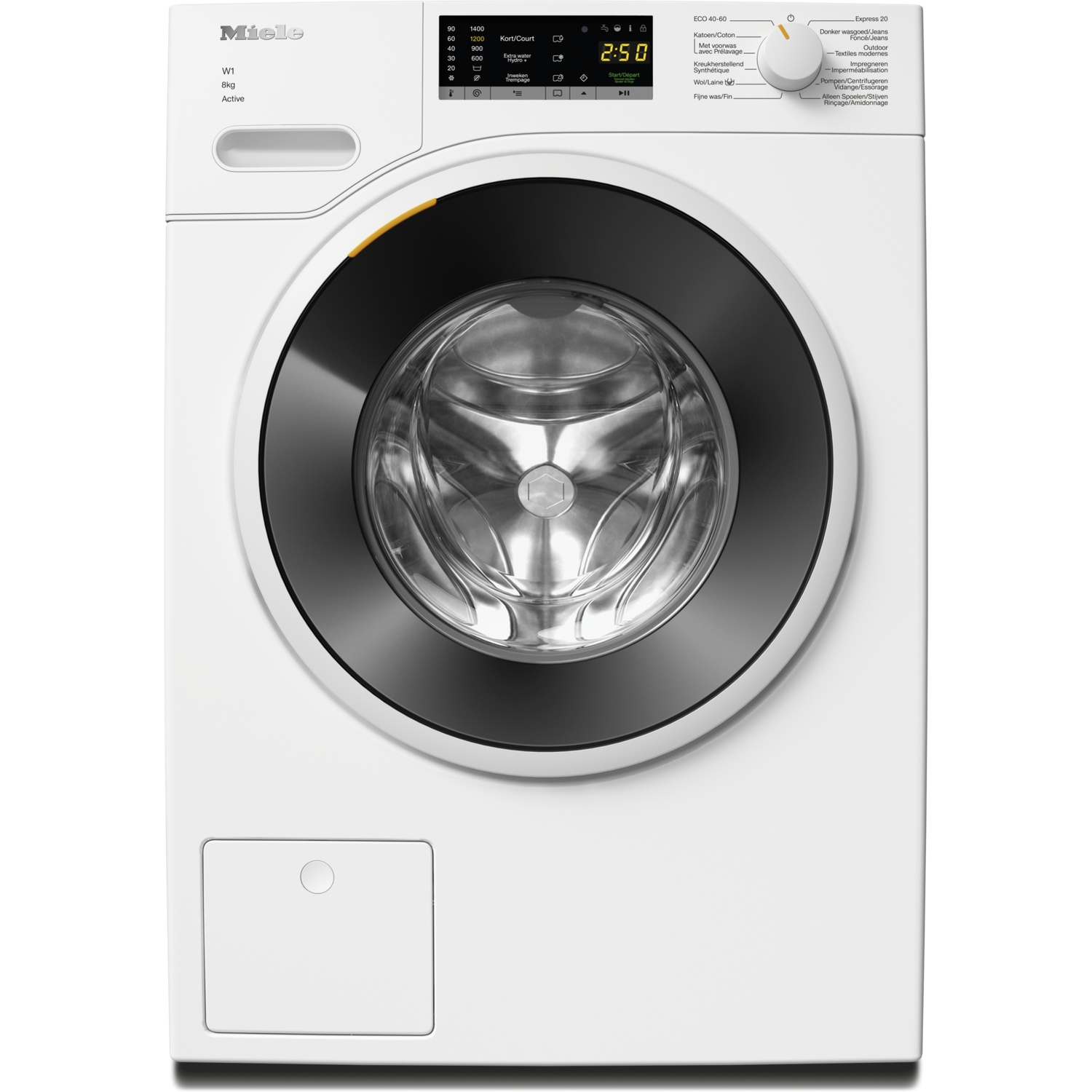 Een witte Miele W1 voorlader wasmachine met digitaal display, draaiknop en glazen deur.