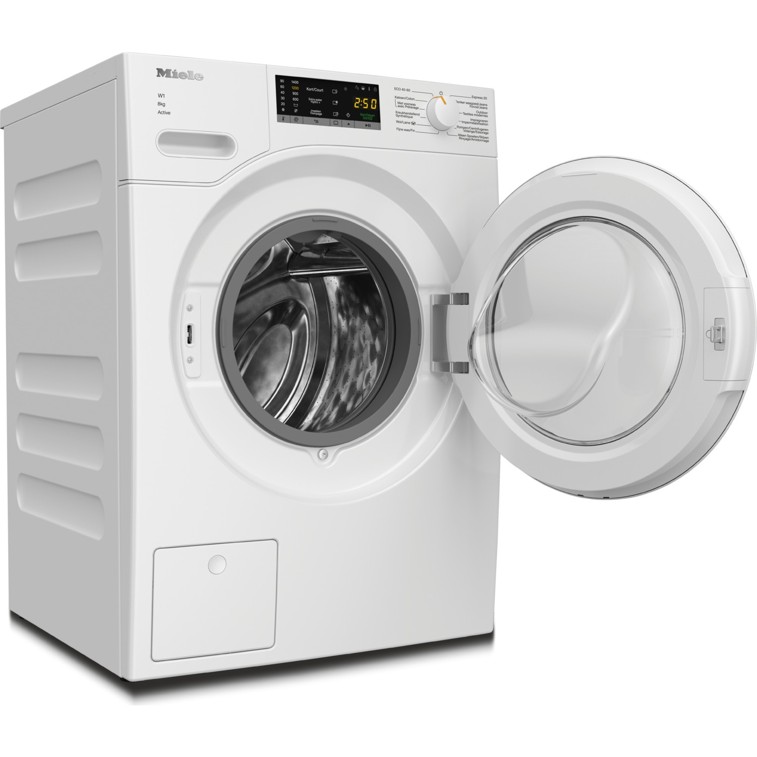 Een witte Miele-wasmachine met digitaal display en open glazen deur tegen een witte achtergrond.