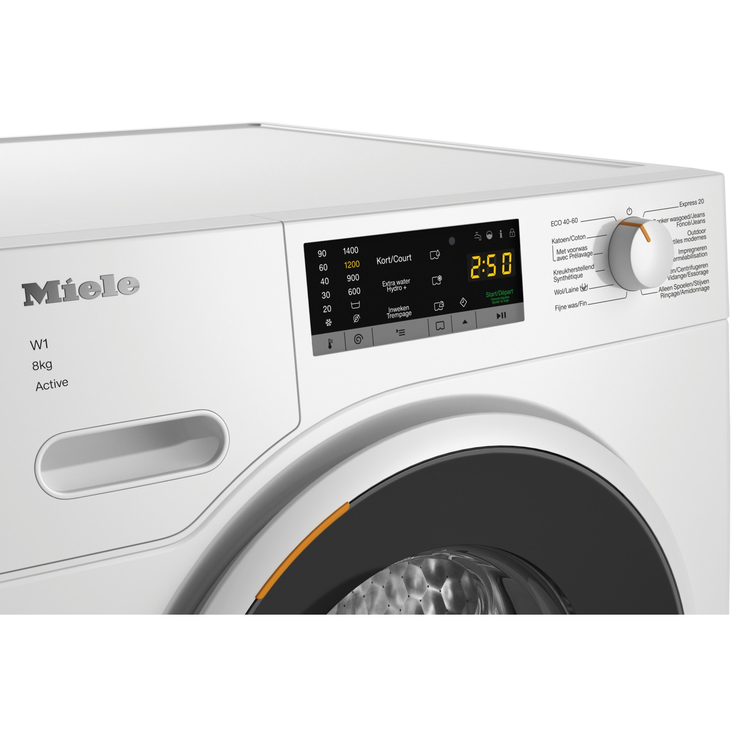 Bedieningspaneel van een witte Miele W1 wasmachine met digitaal display, draaiknop en touch-toetsen.