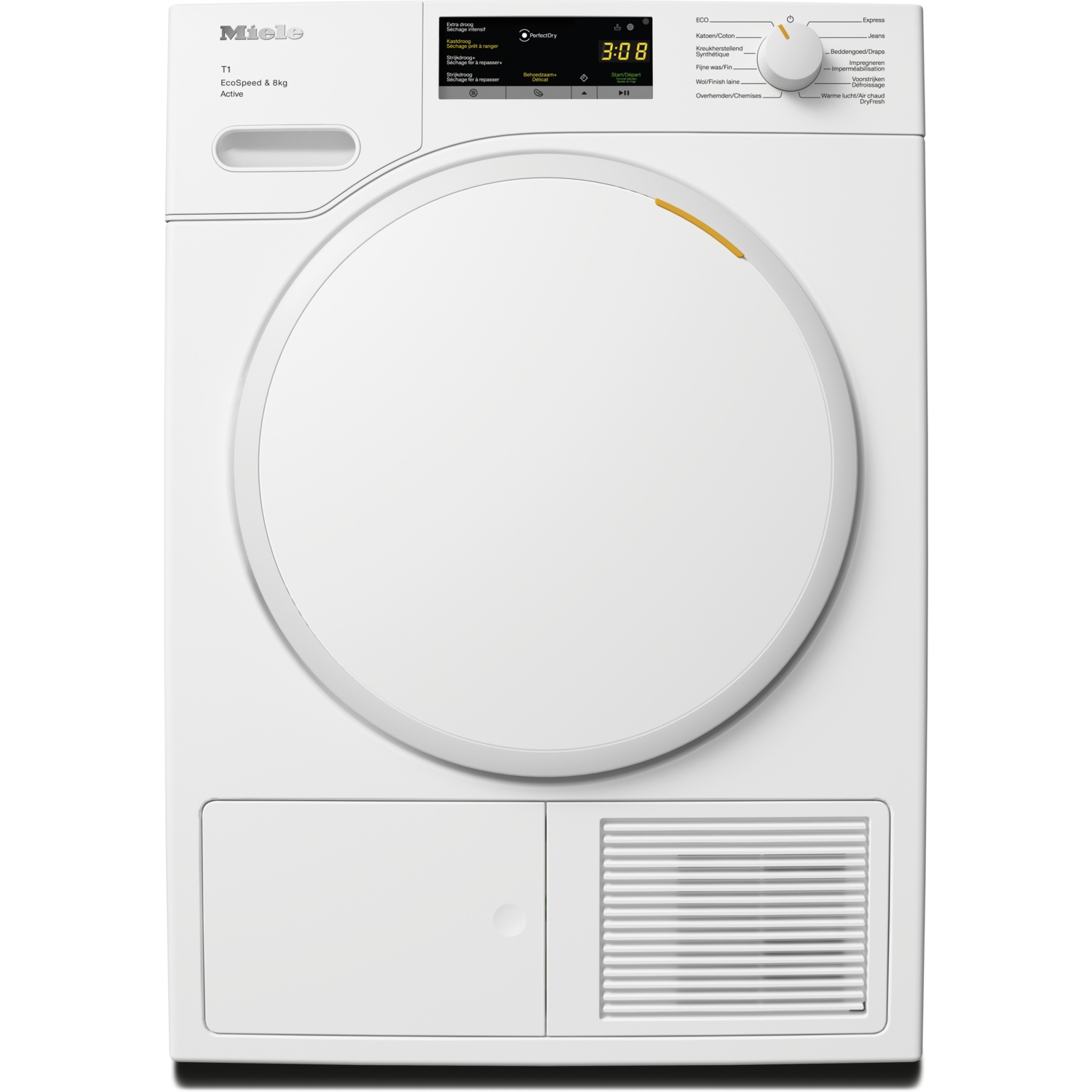 Een witte Miele T1 droogautomaat met digitaal display, programmaknop en grote deur.