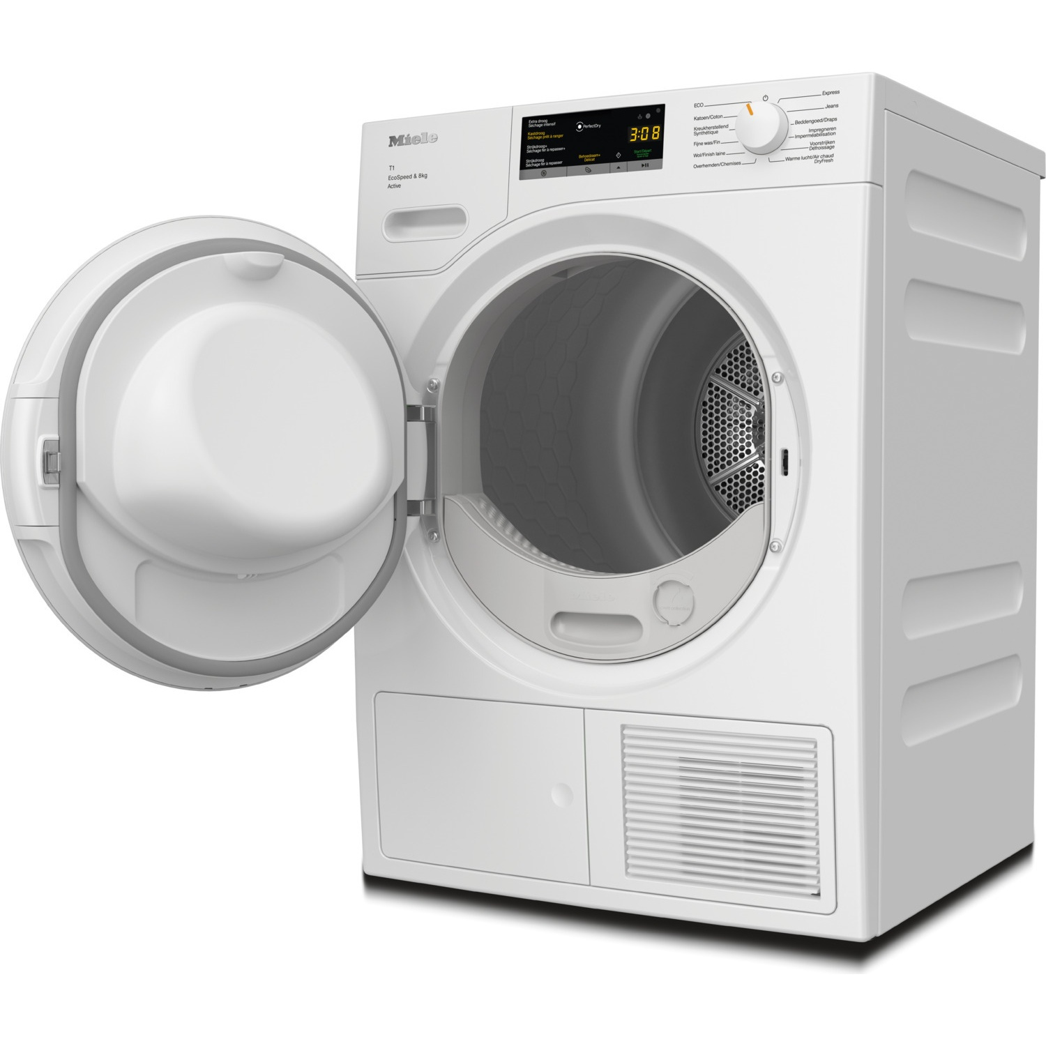 Een witte Miele T1 wasdroger met open deur en digitaal display op een witte achtergrond.