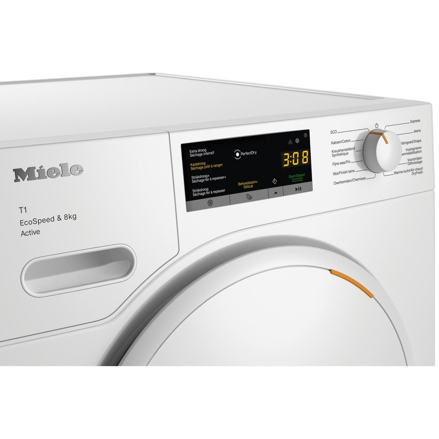 Witte Miele T1 EcoSpeed droger met digitaal display en draaiknop.