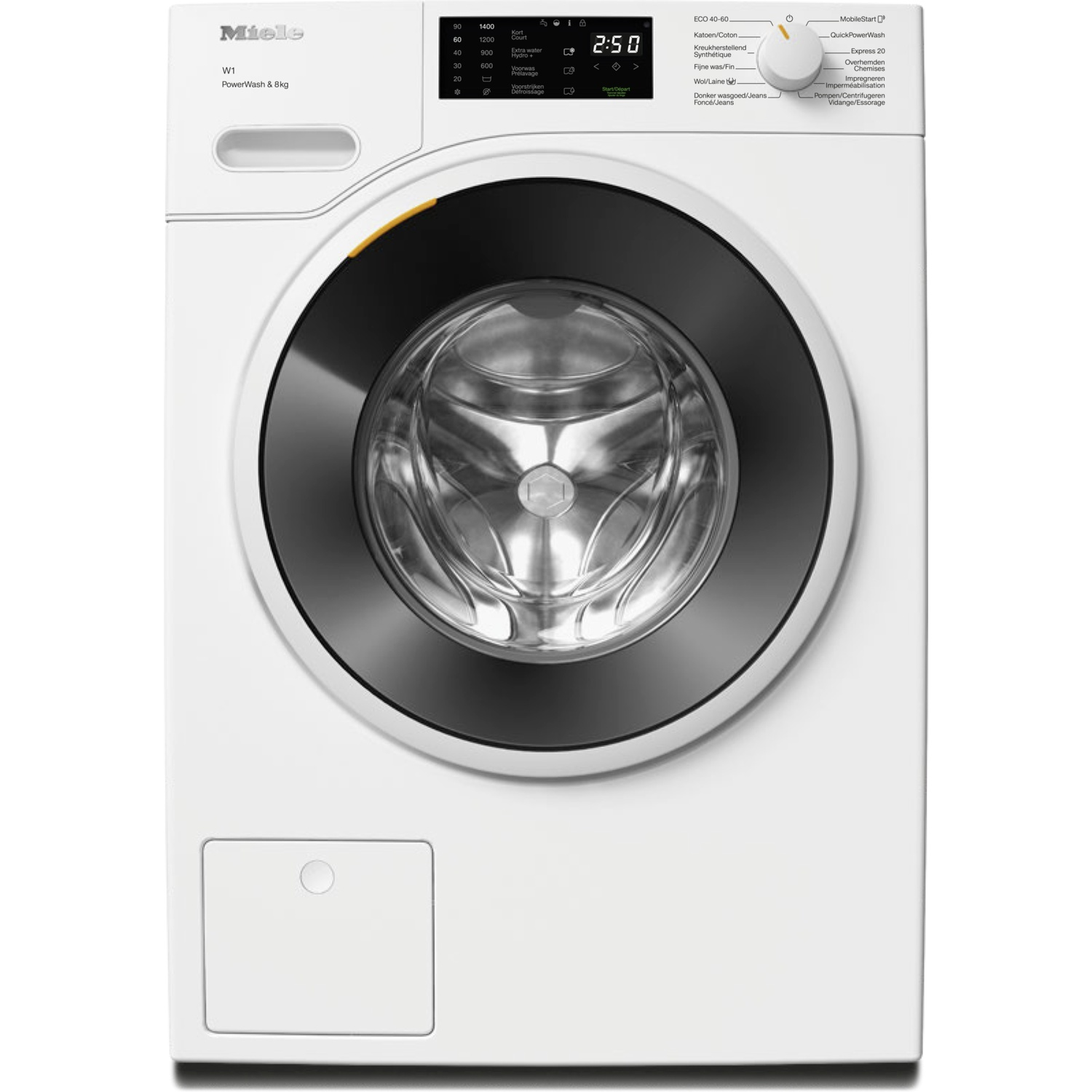 Vooraanzicht van een witte Miele W1 voorlader wasmachine met digitaal display en draaiknop.
