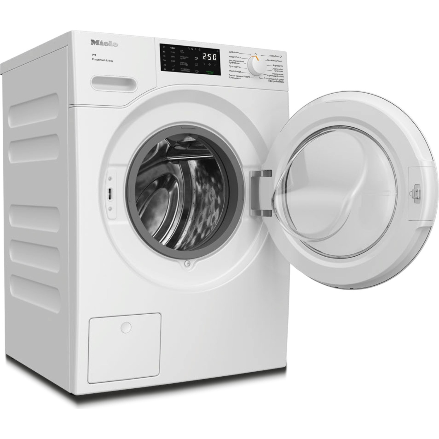 Een witte Miele voorlader wasmachine met open deur en een digitaal bedieningspaneel.
