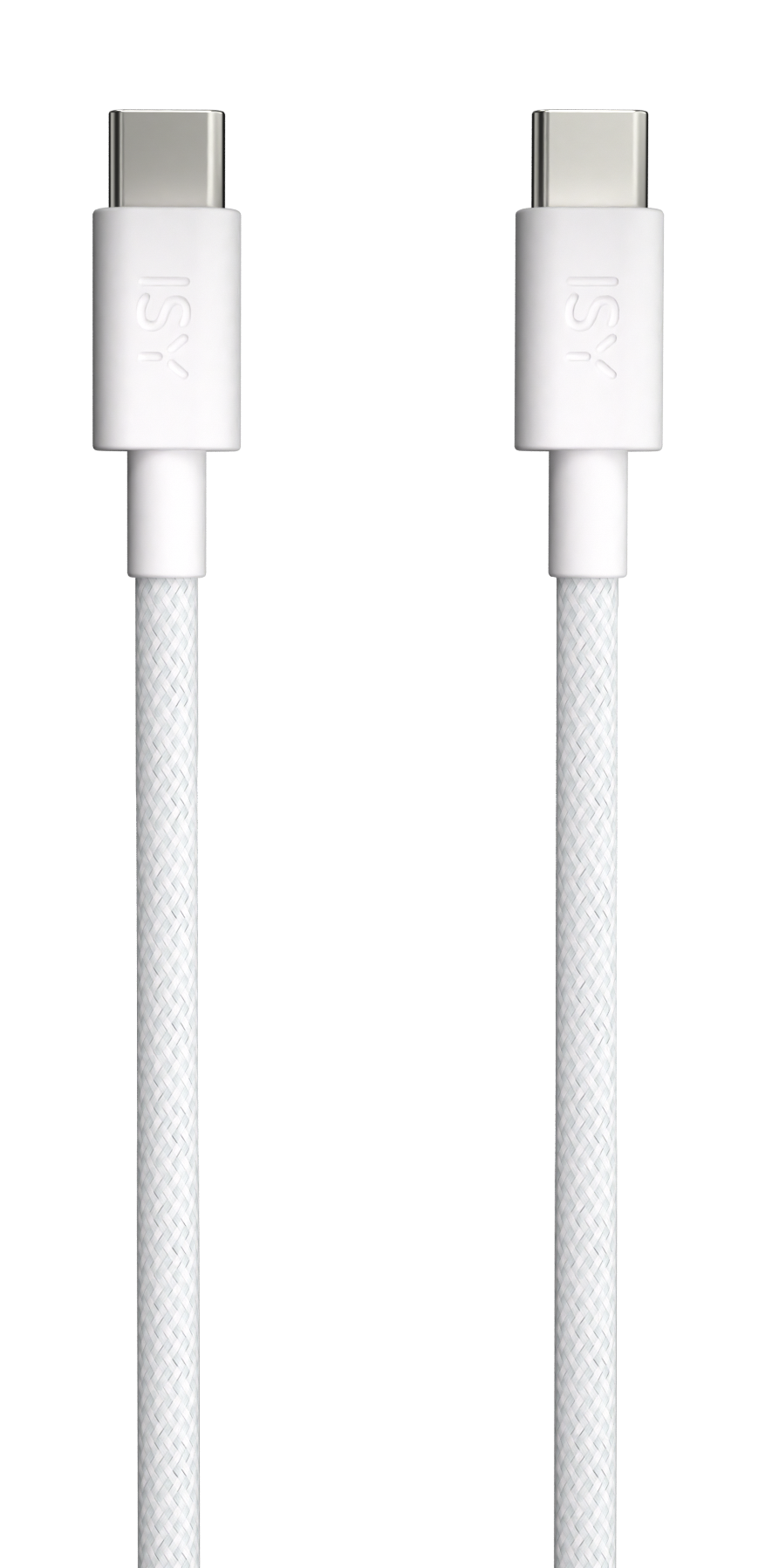 Dwa białe kable USB-C z plecionymi sznurami i markowymi złączami na czarnym tle.
