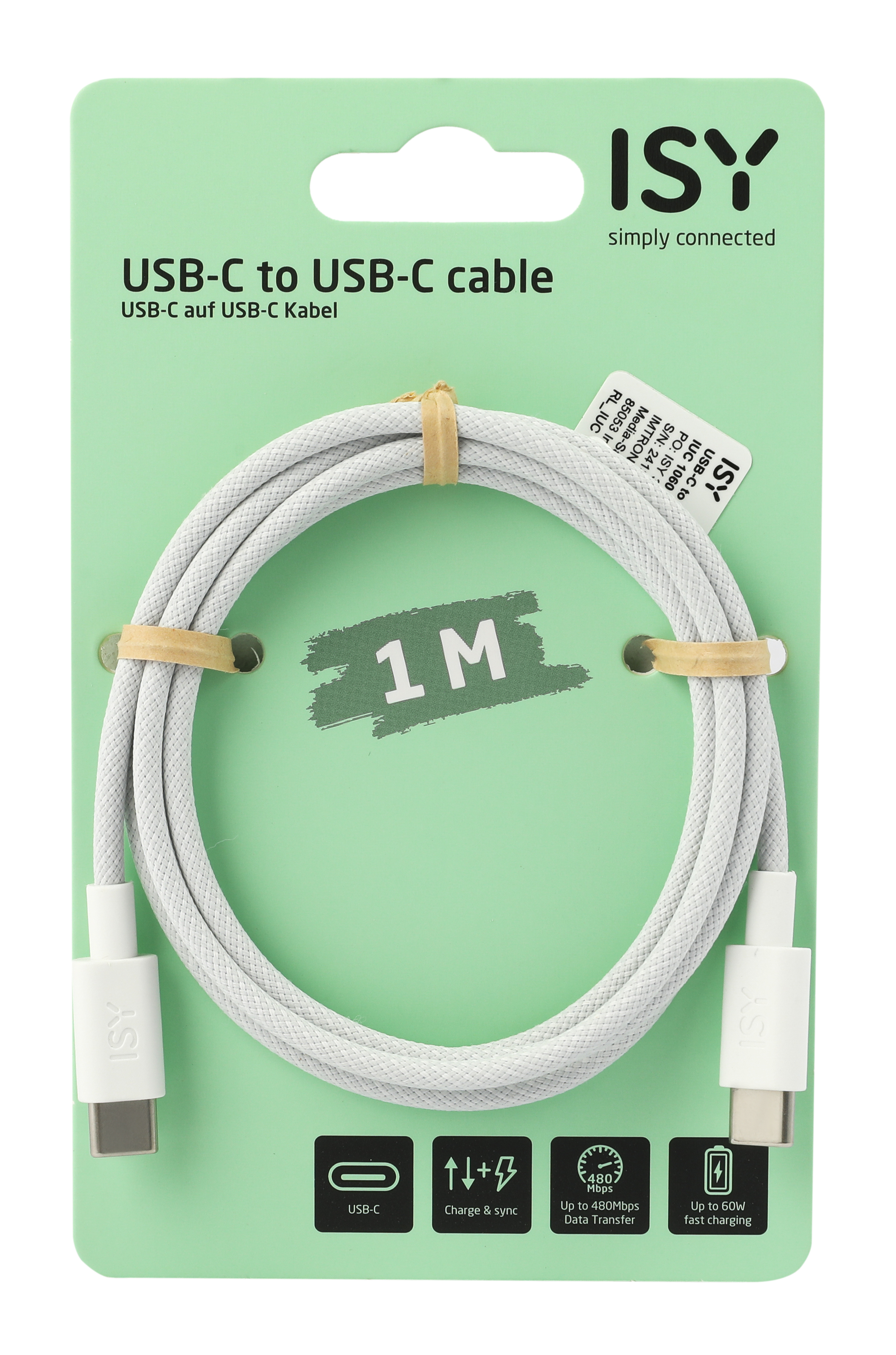 Biały, pleciony kabel USB-C na USB-C marki ISY o długości 1m w zielonym opakowaniu.