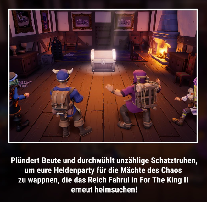Vier Helden stehen in einem rustikalen Raum vor einer leuchtenden Schatzkiste.