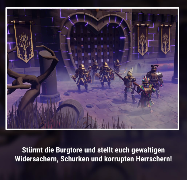 Gruppe von Kriegern vor einem großen Burgtor mit violettem Licht und Bannern.