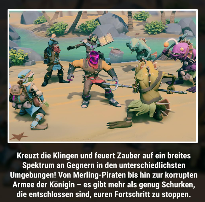 Fantasy-Charaktere am Strand im Kampf gegen verschiedene monströse Feinde und Piraten.