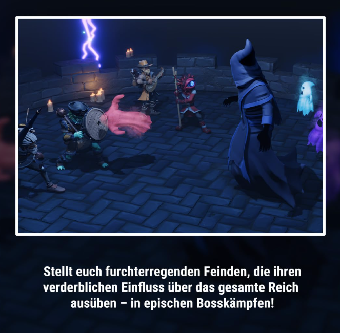 Gruppe von Fantasy-Helden kämpft in einem dunklen, steinernen Verlies gegen einen großen, finsteren Bossgegner.