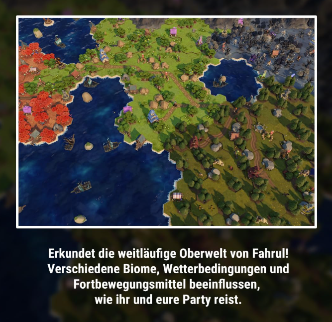 Top-down-Ansicht einer bunten, hexagonalen Fantasy-Welt mit Ozeanen, Wäldern und Bergen.