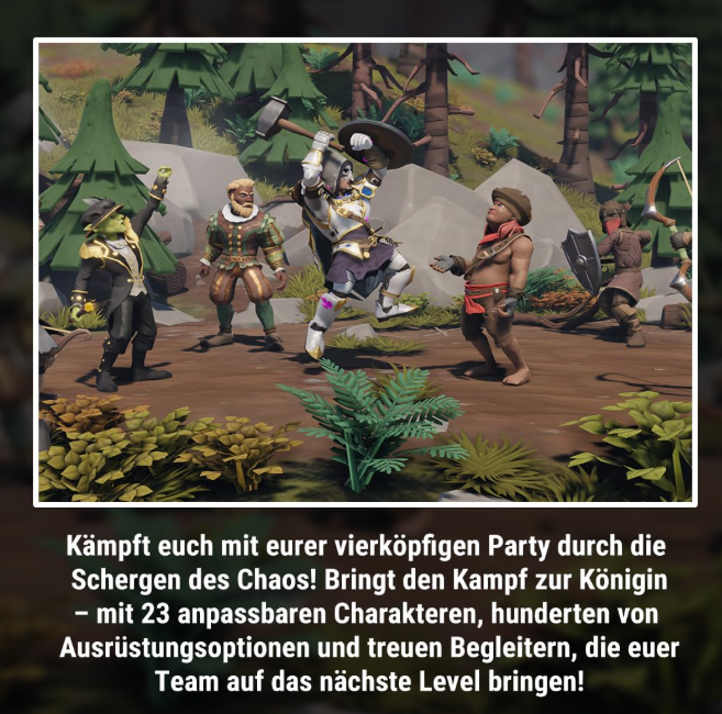 Verschiedene Fantasy-Charaktere in Rüstung kämpfen in einem Wald, mit Text unten auf Deutsch.
