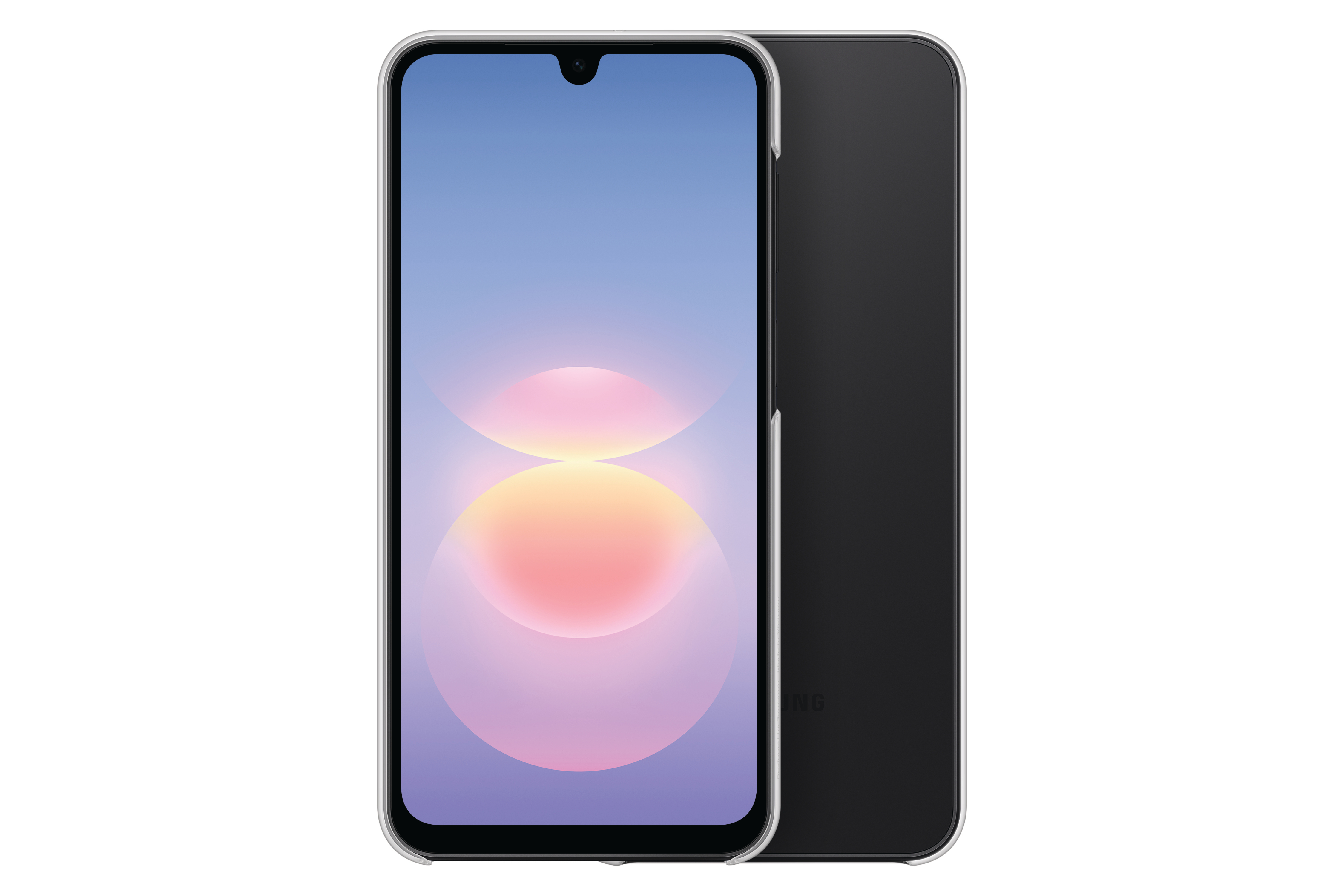 Ein Smartphone mit blau-rosa Hintergrundbild wird von vorne und hinten in einer Schutzhülle gezeigt.