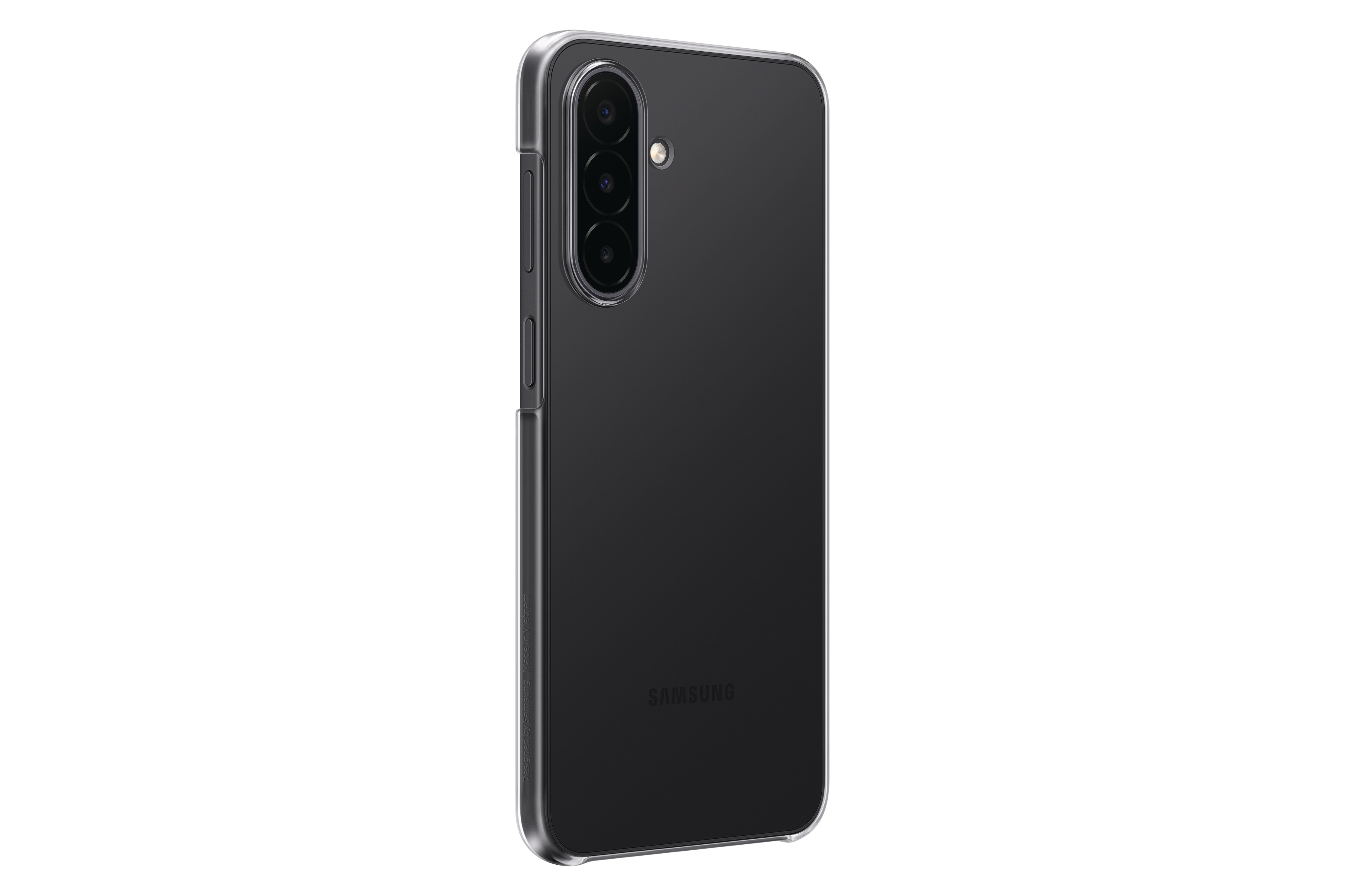 Ein schwarzes Smartphone in klarer Hülle von hinten, mit vertikaler Dreifachkamera und Samsung-Logo.