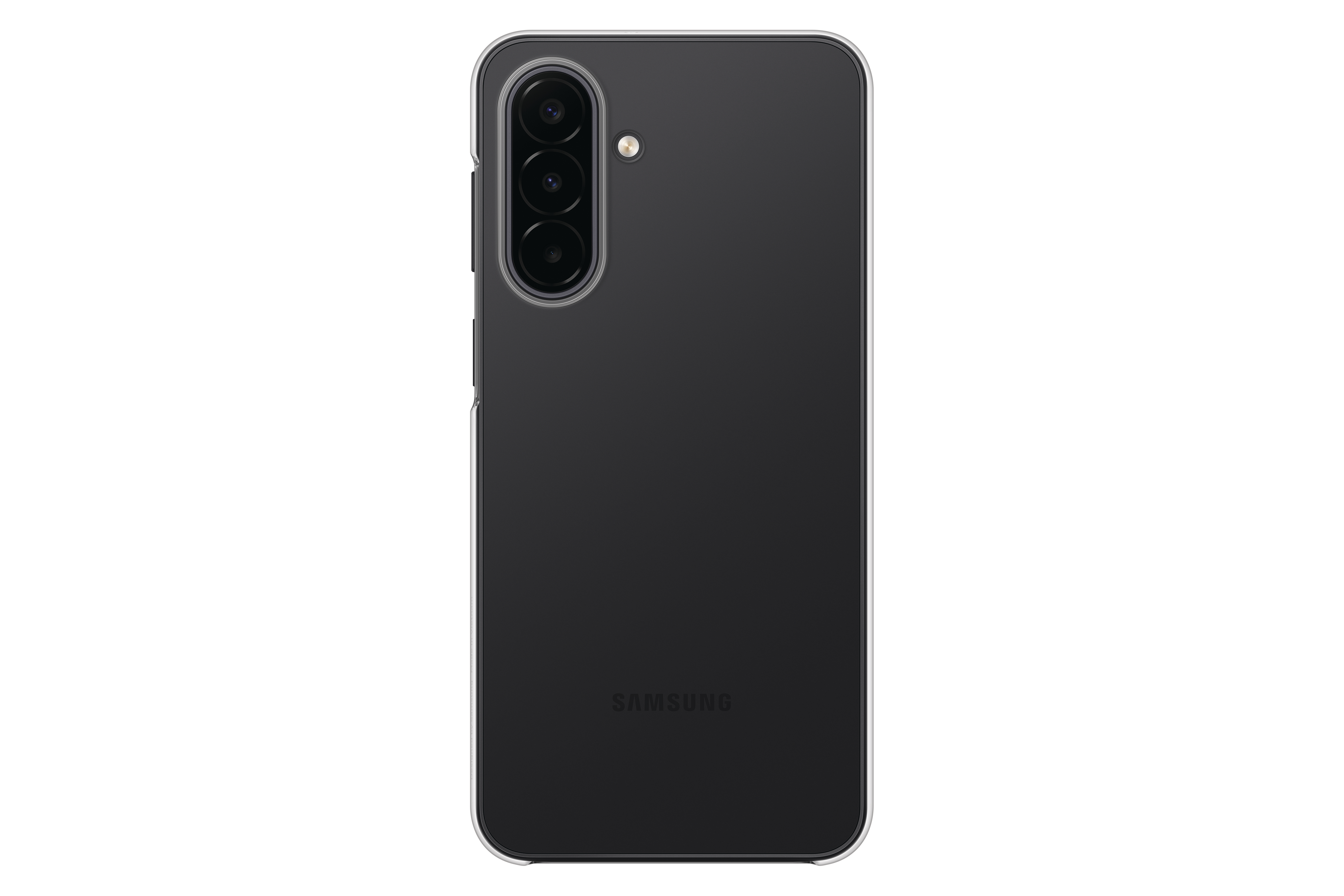 Rückseite eines schwarzen Samsung-Smartphones mit vertikaler Dreifachkamera und Blitz auf weißem Hintergrund.