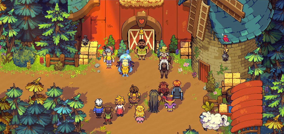 Pixel-Art-Szene mit einer bunten Gruppe von Charakteren auf einem Bauernhof mit einer Scheune und einer Windmühle.