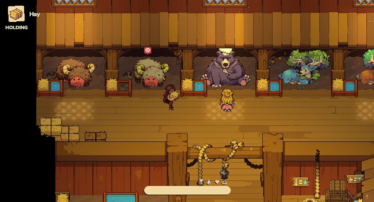 Pixel-Art-Scheuneninneres mit Figuren, die Heu halten, vor Boxen mit Tieren wie einem Bären und Hirsch.