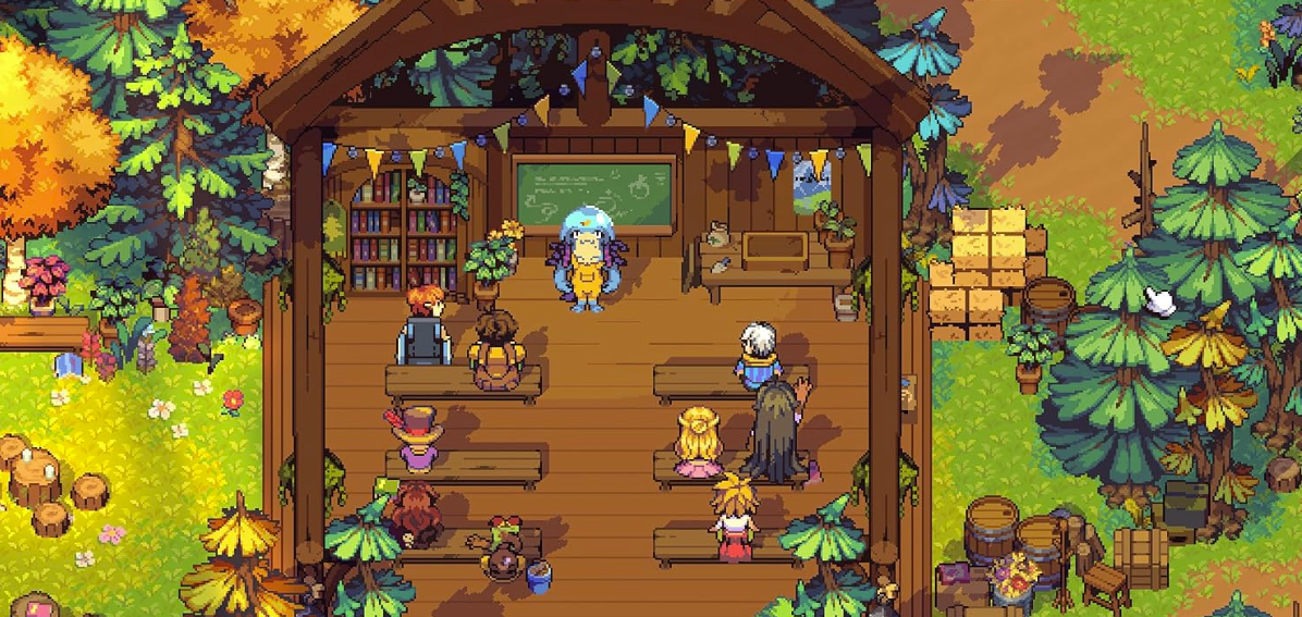 Pixel-Art-Szene von Charakteren, die einer Lehrerin in einer offenen Holzhütte im Wald zuhören.
