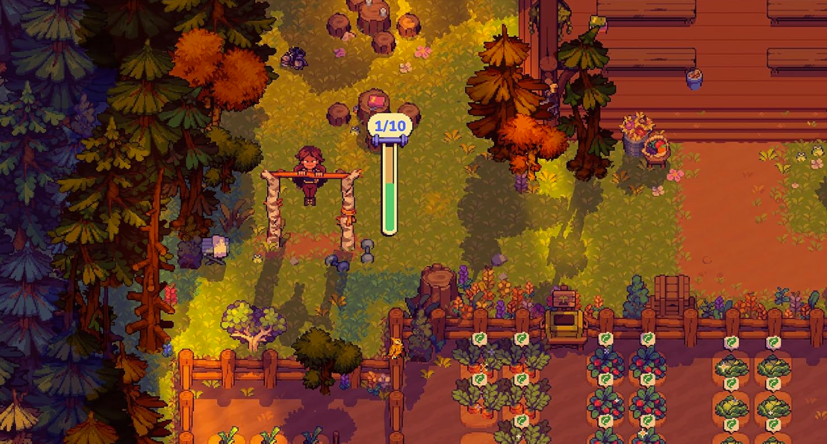 Pixel-Kunst-Szenen zeigt eine Person beim Klimmzählen in einem Wald, mit Pflanzen und Holzzäunen im Vordergrund.