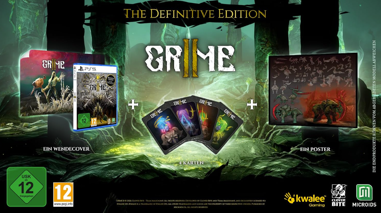 Grime 2 Definitive Edition mit Spiel, Wendehülle, 4 Karten und Poster vor grünem Hintergrund.