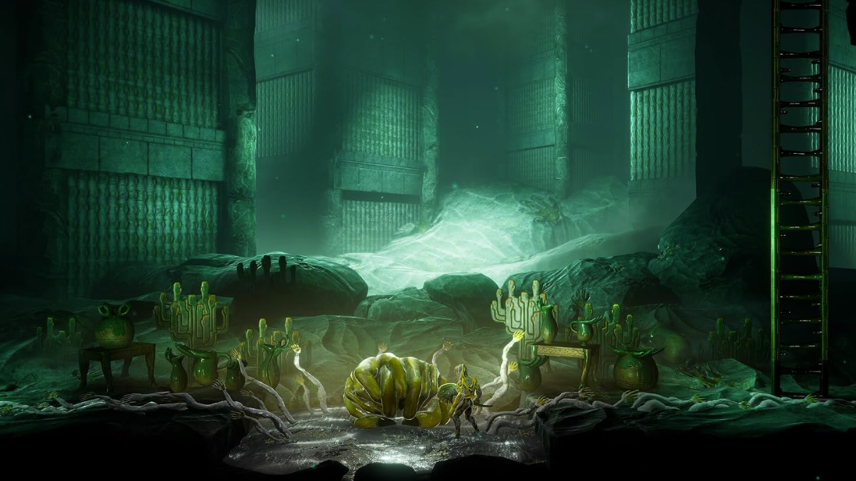 Eine grüne, mystische Höhle mit bizarren Skulpturen, Gefäßen und einer zentralen Kreatur.