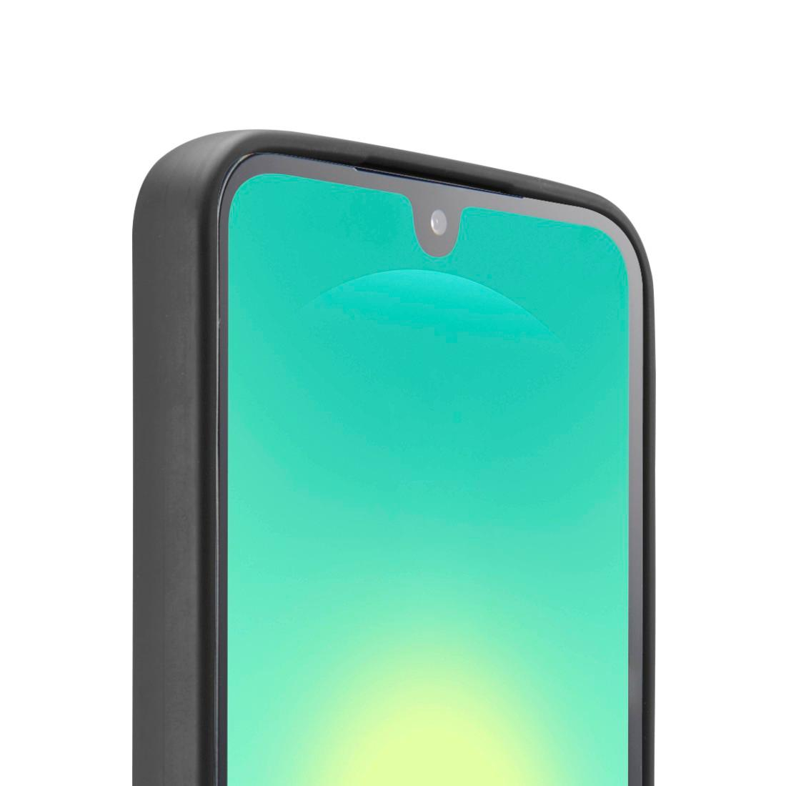 Nahaufnahme der Oberseite eines Smartphones mit schwarzem Gehäuse und türkisfarbenem Bildschirm.