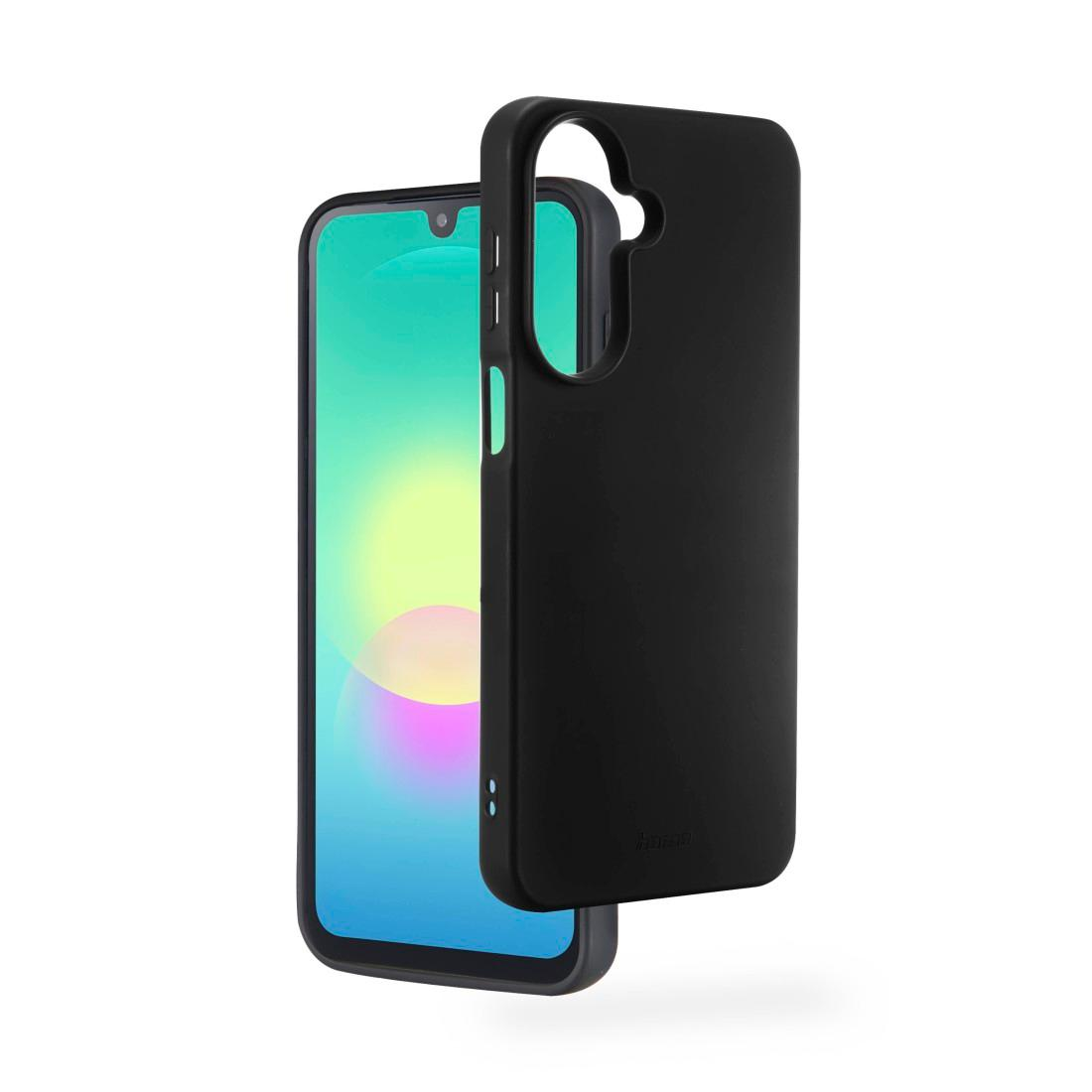 Schwarze Smartphone-Hülle neben einem Telefon mit einem farbigen Display auf weißem Hintergrund.