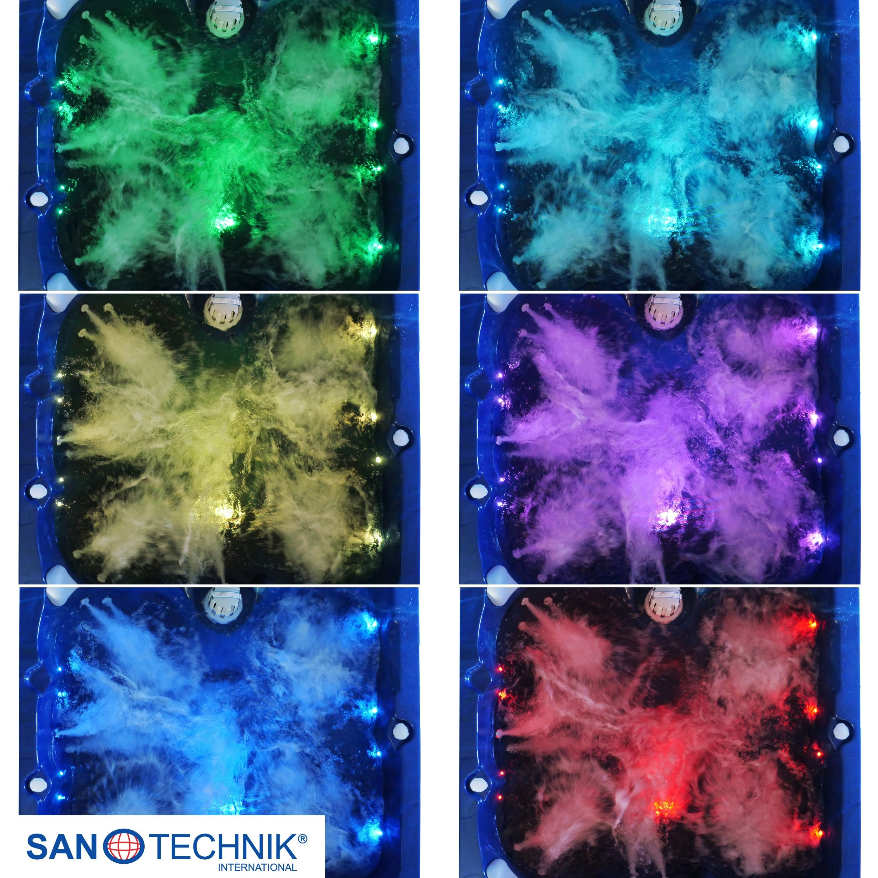 Sechs Bilder eines Whirlpools mit Wasserjets und bunten Lichtern in Grün, Blau, Gelb, Lila und Rot.