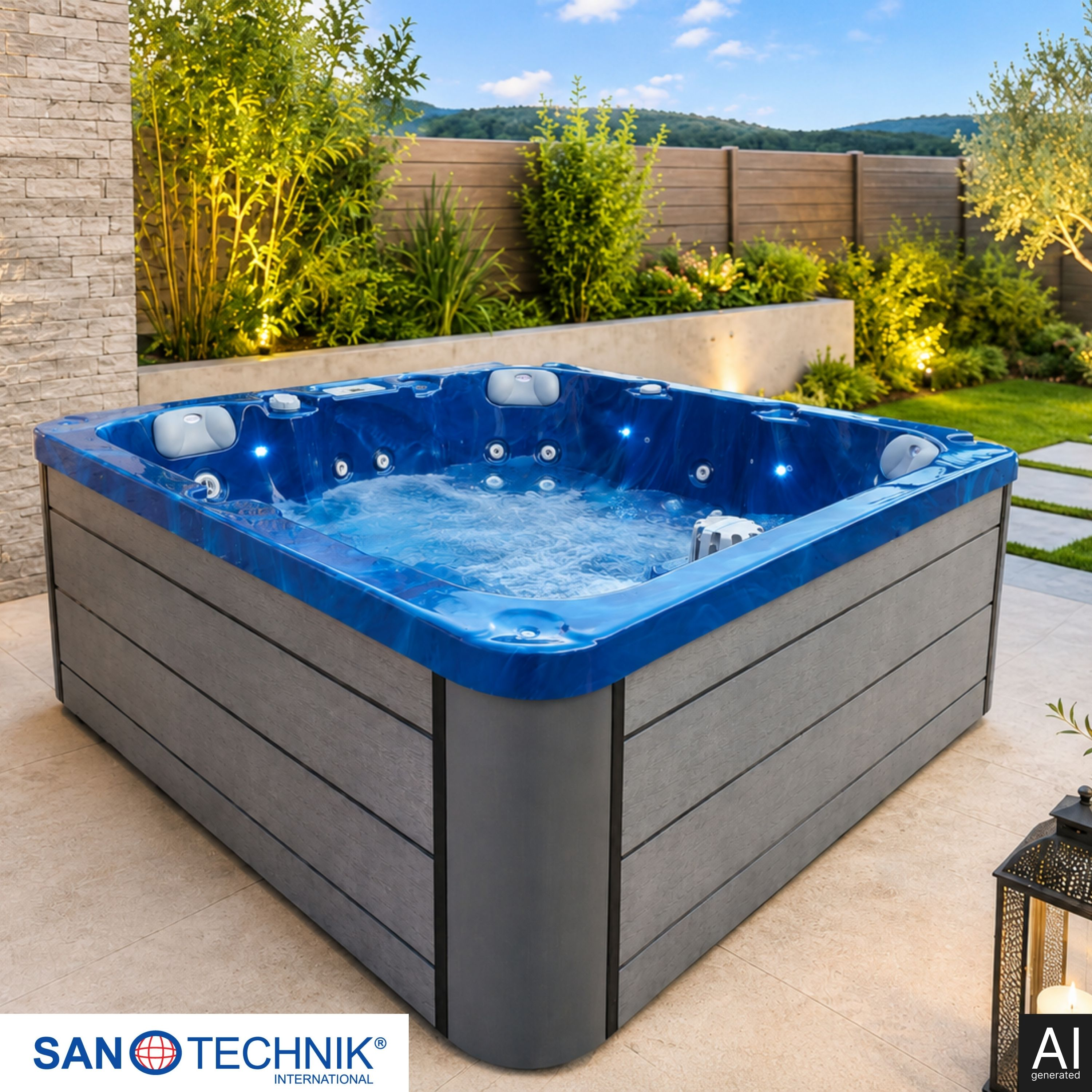 Beleuchteter blauer Whirlpool auf einer gefliesten Terrasse mit Garten im Hintergrund bei Tageslicht.