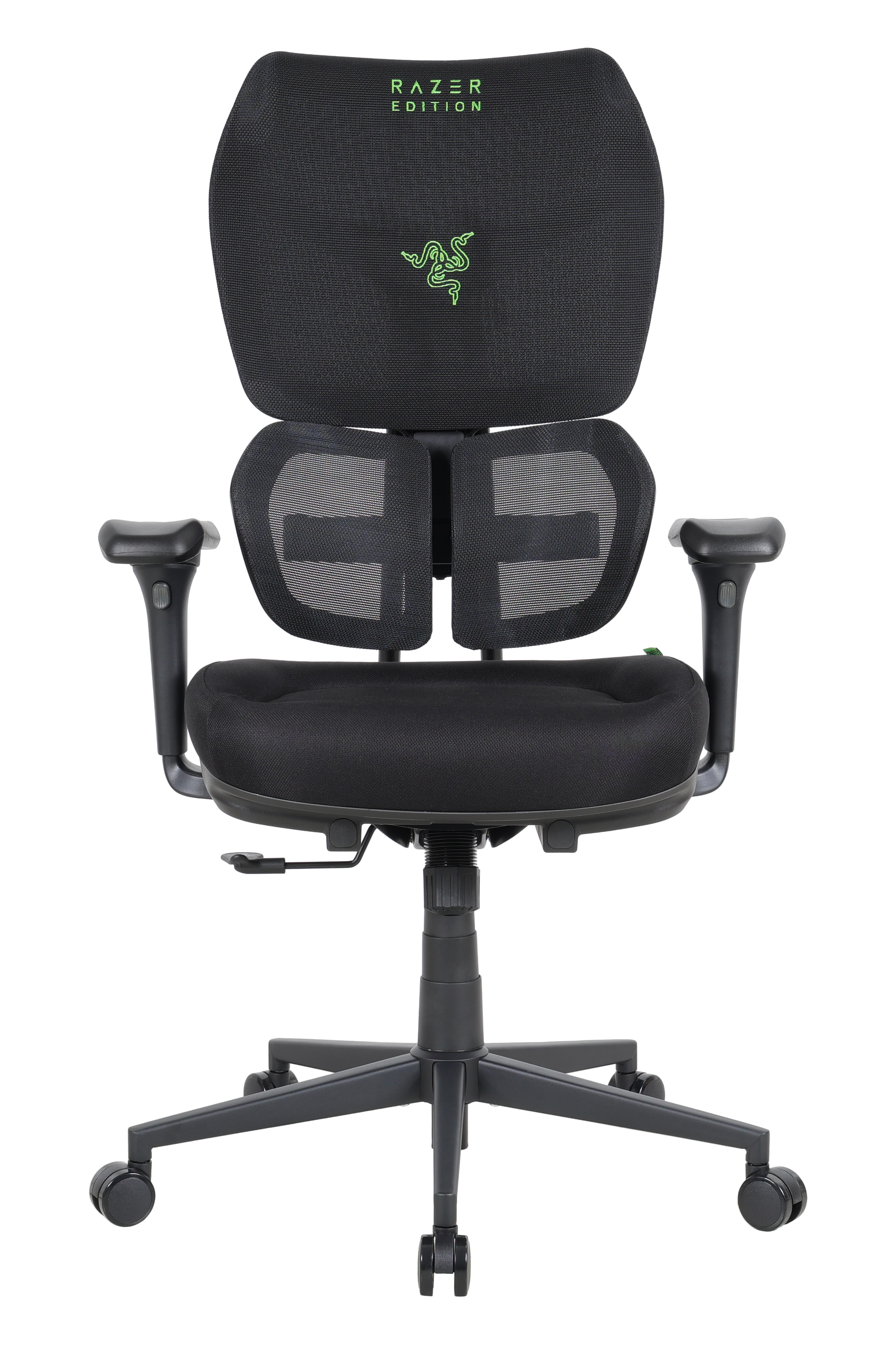 Schwarzer ergonomischer Razer Edition Bürostuhl mit Mesh-Rückenlehne und Rollen.