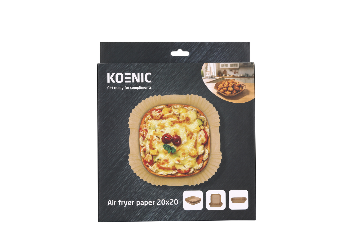 Envase negro para papel de horno para freidora de aire con imagen de pizza cuadrada.