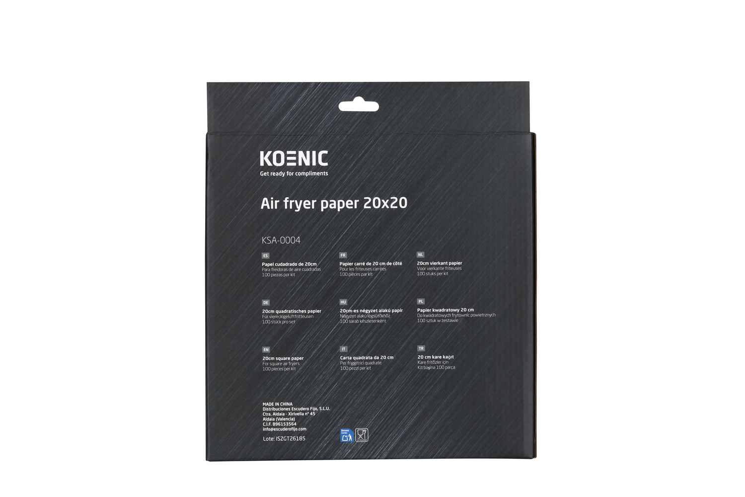 Una caja de papel para freidora de aire Koenic negra con texto blanco que detalla información del producto.