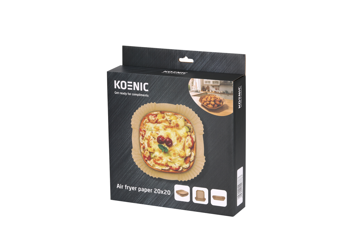 Una caja negra de papel para freidora de aire Koenic con pizza.