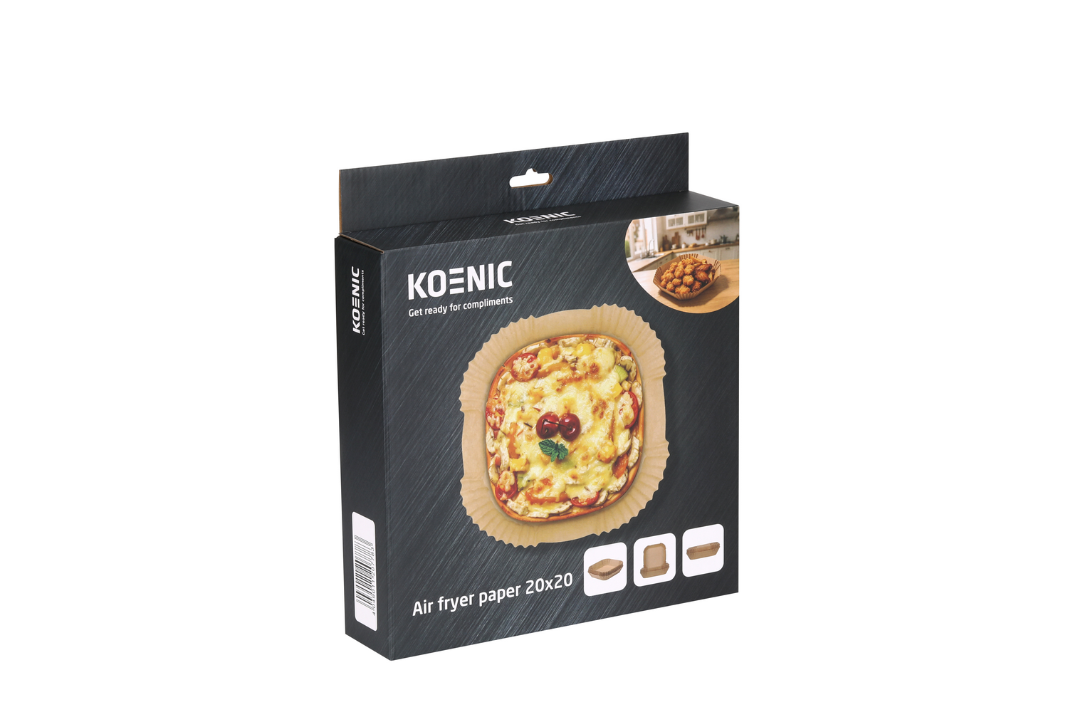 Caja negra de papel para freidora de aire Koenic de 20x20 cm con imagen de una pizza.