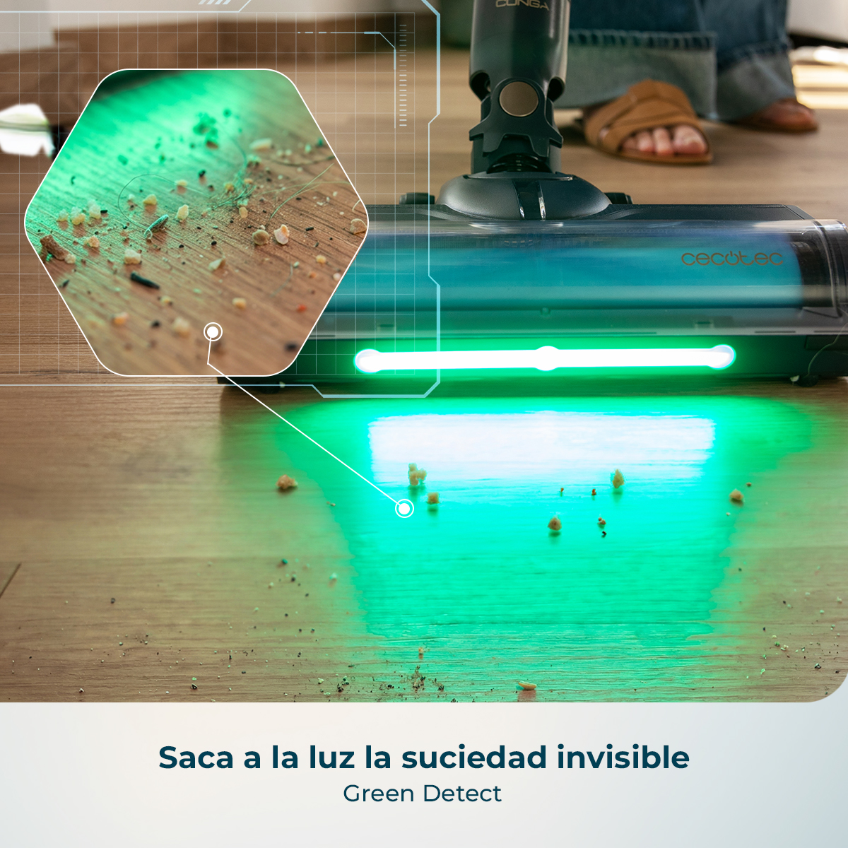 Una aspiradora con luz LED verde revela suciedad invisible en un suelo de madera.