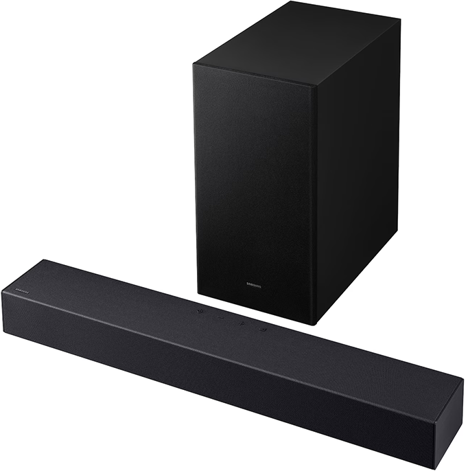 Fekete Samsung soundbar vezeték nélküli mélynyomóval fehér alapon.