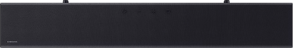 Egy fekete Samsung soundbar vezérlőgombokkal a tetején, világos háttér előtt.