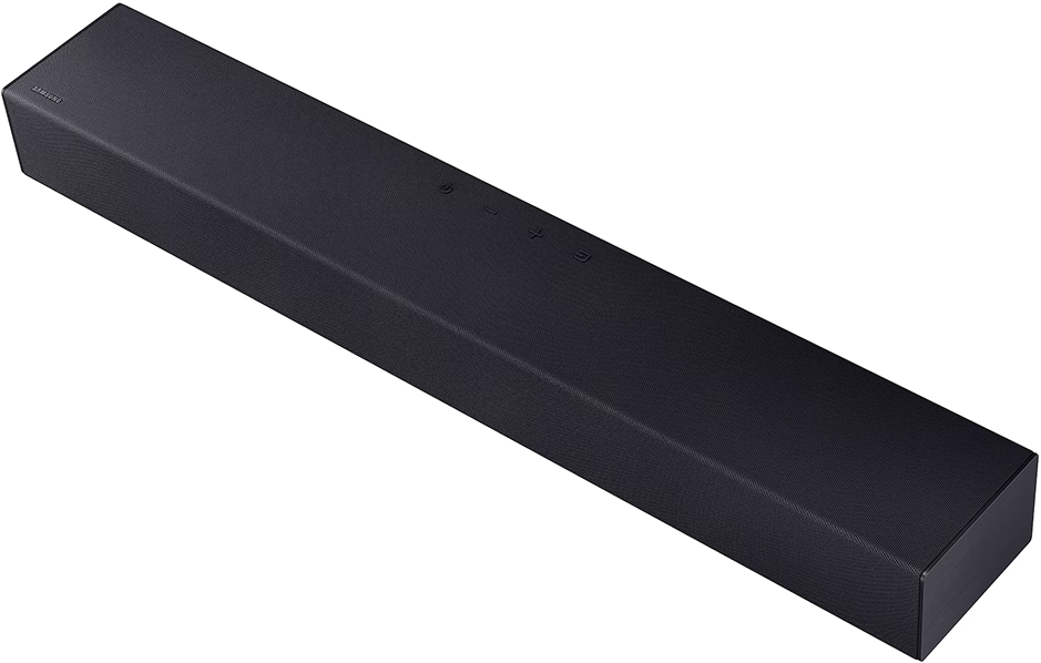 Egy fekete Samsung soundbar felül vezérlőgombokkal, fehér háttér előtt.