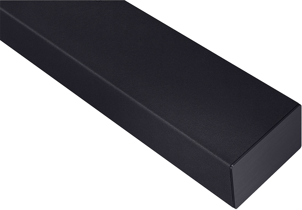 Fekete soundbar közeli képe finom fémhálós ráccsal.