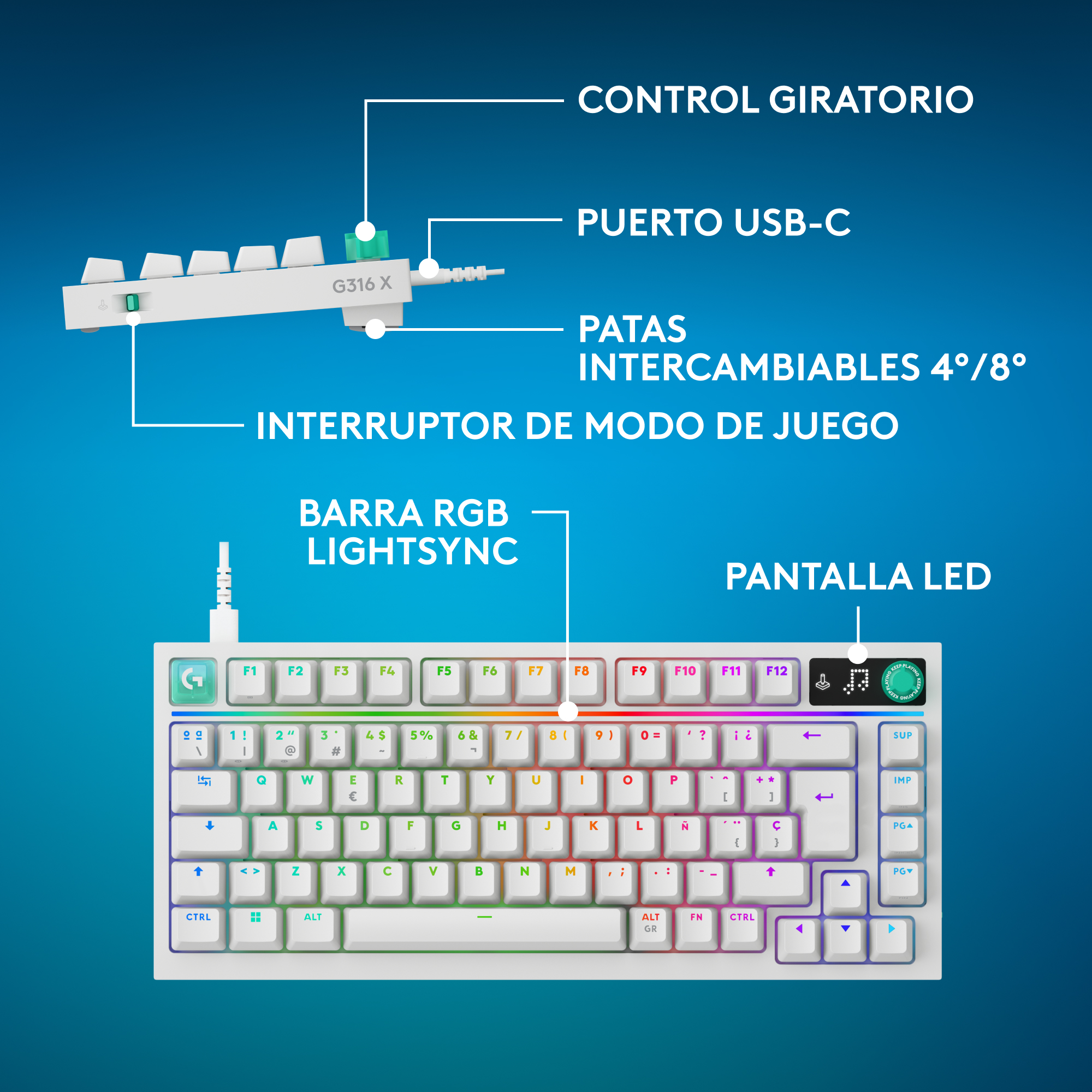 Control giratorio, puerto usb-c, patas intercambiables 4°/8°, interruptor de modo de juego, barra rgb lightsync, pantalla led