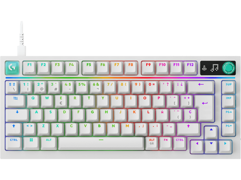 Teclado gaming - Logitech G G316 X 75, Cable, Velocidad 8 kHz, Pantalla LED, Interruptores intercambiables, Teclas PBT personalizables, PC-Mac, Blanco