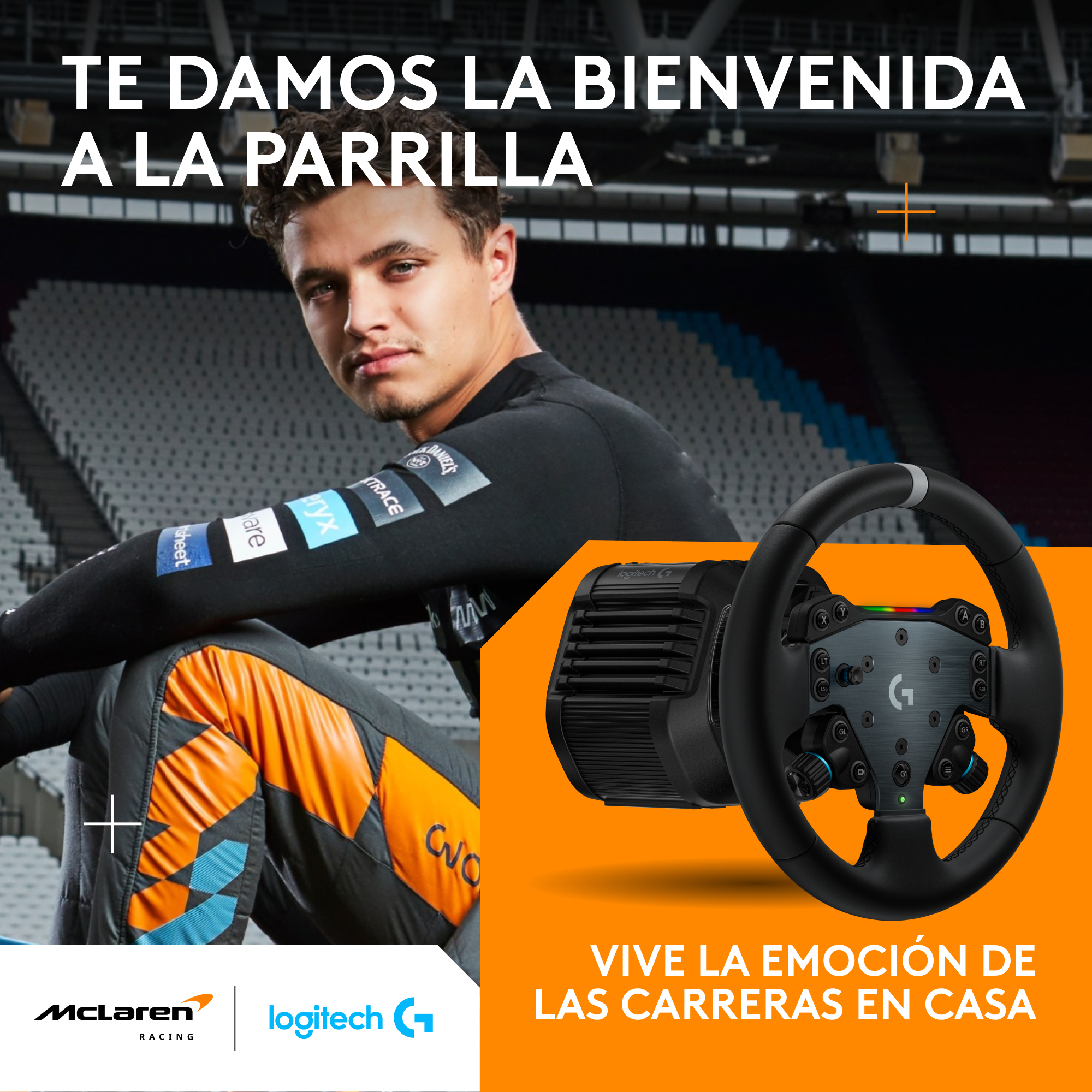 El piloto Lando Norris sentado frente a una pista, junto a un volante de carreras Logitech.