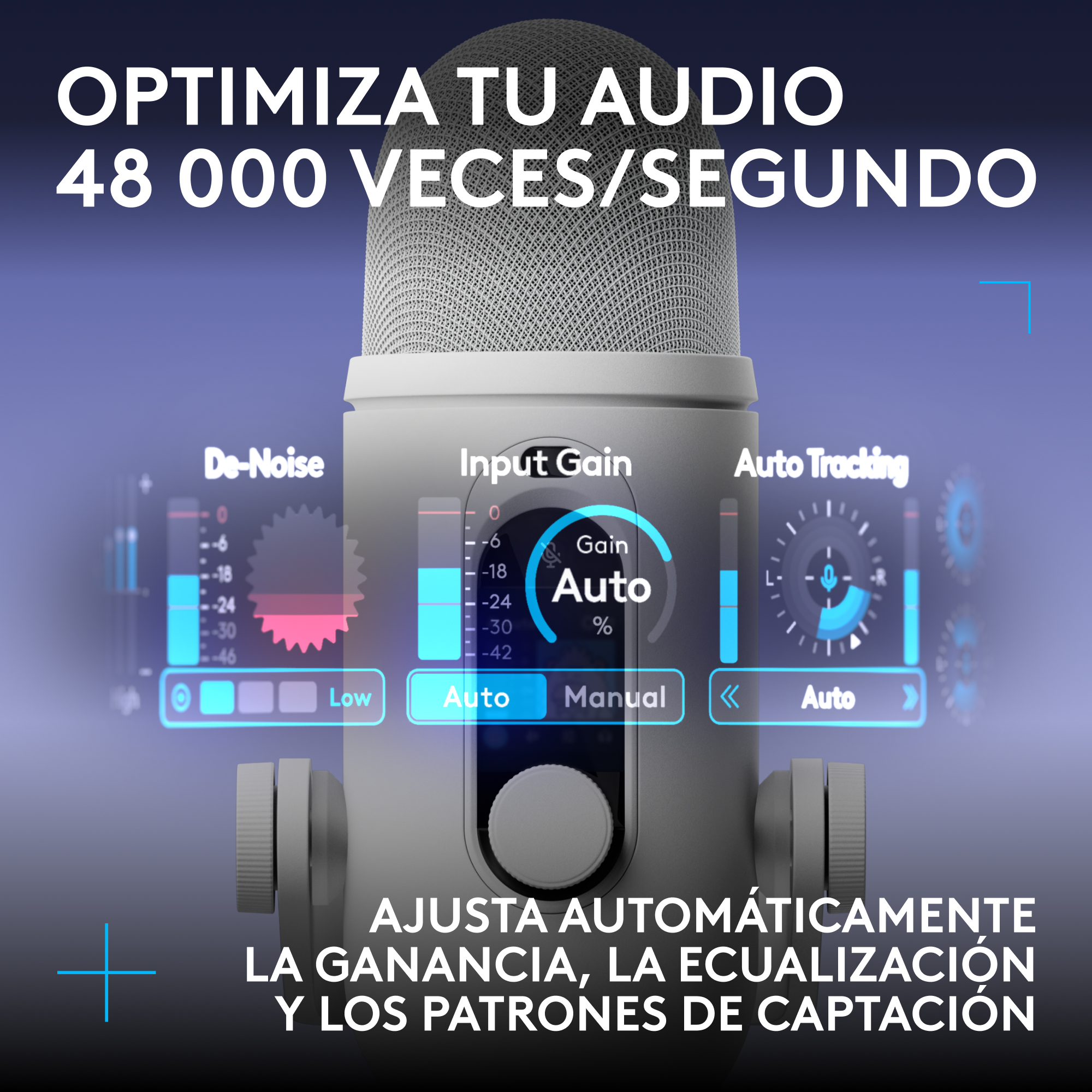 Un micrófono con interfaz digital para optimización de audio y ajuste automático de sonido.