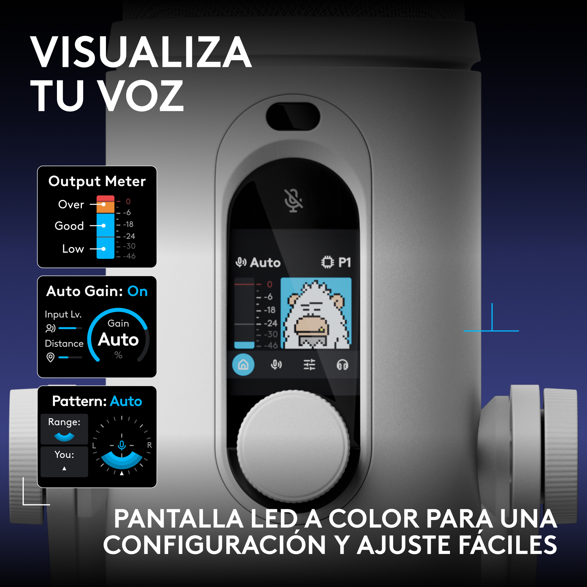 Micrófono con pantalla LED a color y menús de configuración para salida, ganancia automática y patrón.