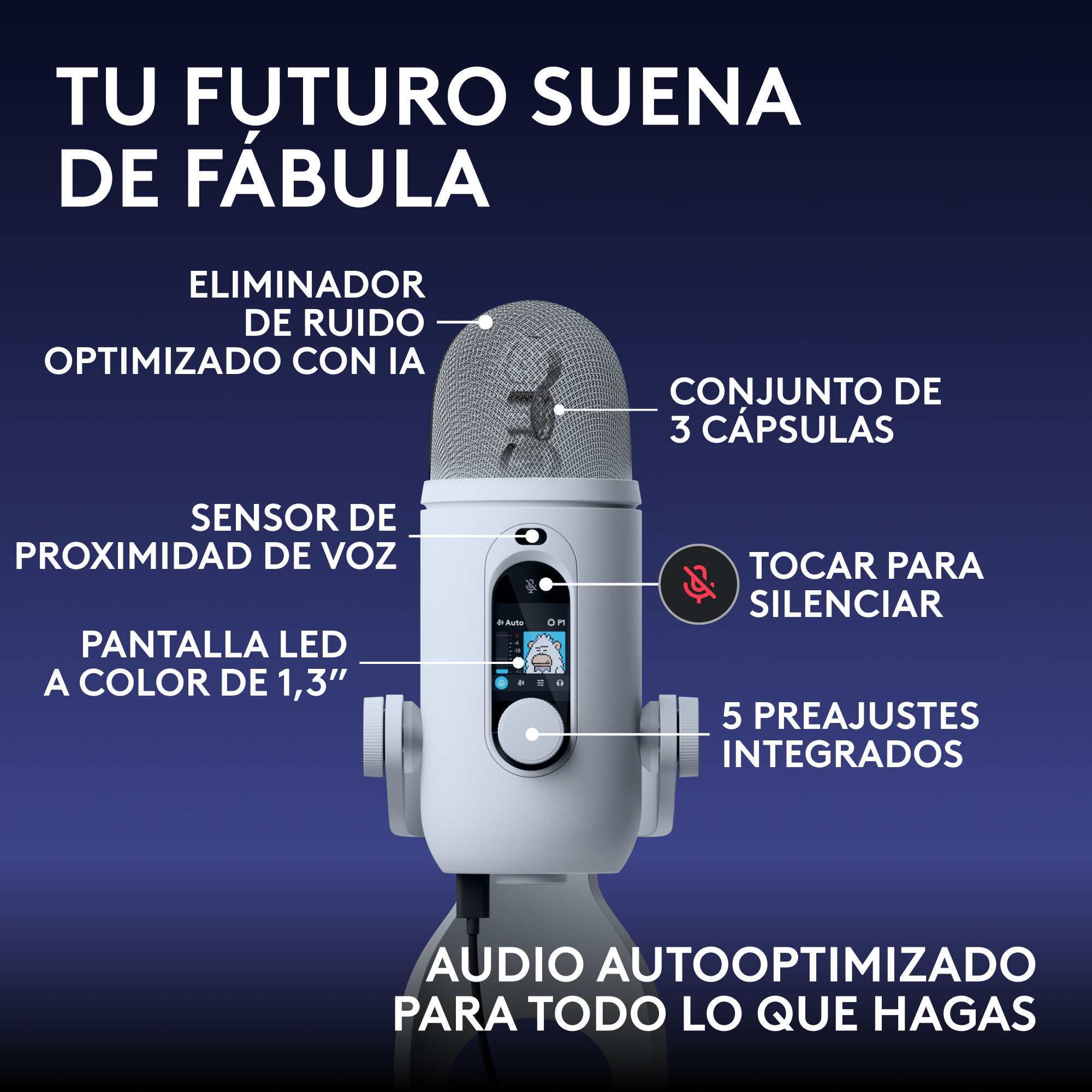 Micrófono USB blanco con pantalla LED, silencio táctil y etiquetas en fondo azul.