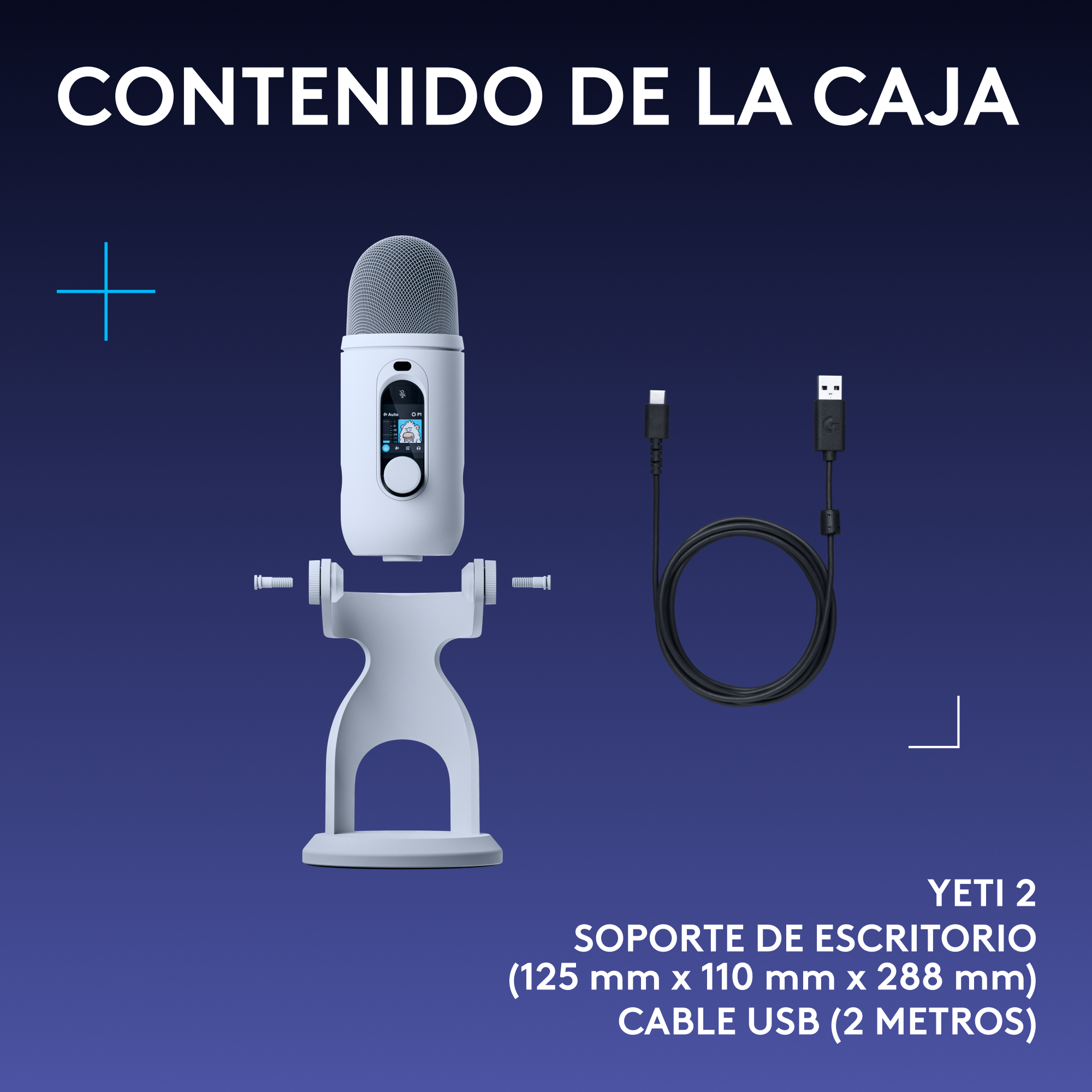 Contenido: Micrófono blanco, soporte de escritorio y cable USB de 2 metros sobre fondo azul.