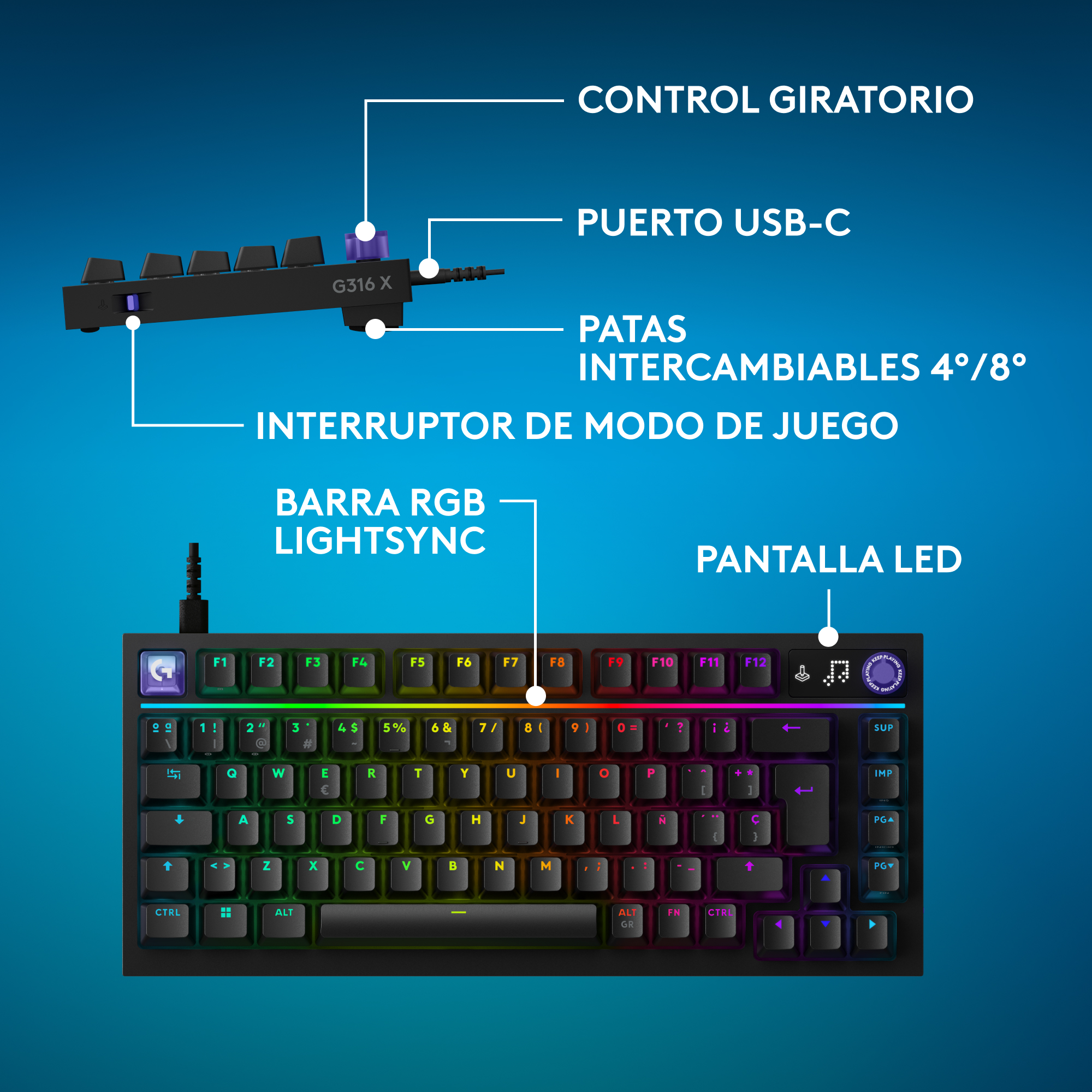 Control giratorio, puerto USB-C, patas intercambiables, interruptor de modo de juego, barra rgb lightsync, pantalla led
