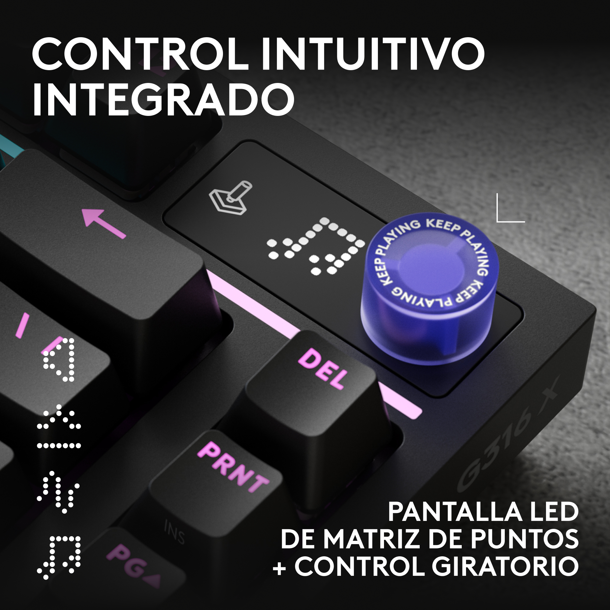 Control intuitivo integrado. Pantalla LED de matriz de puntos + control giratorio